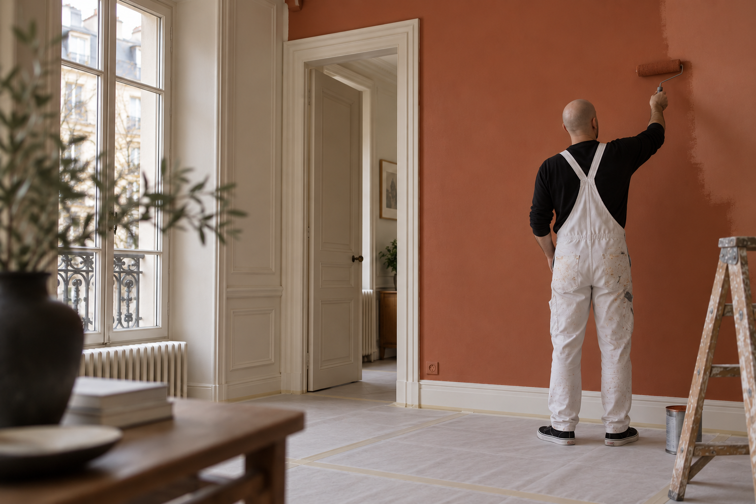 Artisan peintre décorateur appliquant une teinte terracotta dans un intérieur entièrement protégé